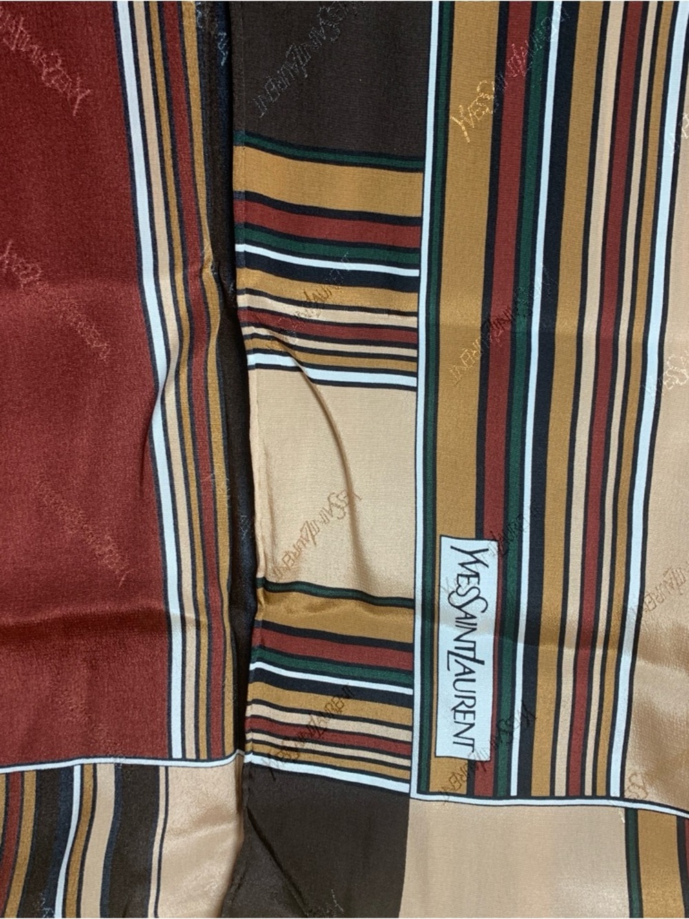 Yves Saint Laurent Striped Silk Scarf in Burgundy, Mustard, Green and Brown
